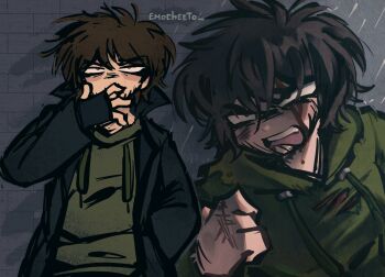 Rule 34 | 1boy, angry, artist name, beard stubble, black coat, black eyes, black gloves, blood, blood drip, blood on face, brick wall, brown hair, coat, commentary, drawstring, edd (eddsworld), eddsworld, emocheeto, english commentary, facial hair, fingerless gloves, future edd (eddsworld), gloves, green hoodie, hair behind ear, hand up, highres, hood, hood down, hoodie, long sleeves, looking at viewer, male focus, messy hair, multiple views, open clothes, open coat, open mouth, rain, short hair, stubble, thick lineart, trench coat, upper body