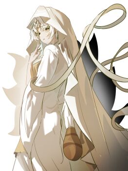 Rule 34 | 1girl, chinese clothes, cookie run, cookie run: kingdom, diamond (gemstone), highres, kong2279, long sleeves, looking at viewer, mystic flour cookie, pale skin, robe, veil, white hair, white robe, white veil, wide sleeves