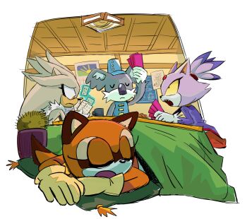 2boys 2girls animal_ears blaze_the_cat blue_hat brown_fur brown_gloves card cat_ears cat_girl closed_eyes commentary english_commentary furry furry_female furry_male gardon_(sonic) gloves grey_fur hat hedgehog_boy highres holding holding_card indoors jacket koala_boy koala_ears marine_the_raccoon multiple_boys multiple_girls open_mouth playing_card purple_fur purple_jacket raccoon_girl rocketrrush silver_the_hedgehog sleeping sonic_(series) sonic_rush_adventure