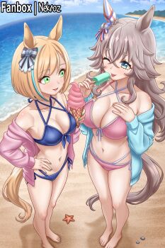 2girls ;p absurdres animal_ears barefoot beach bikini bilingual_commentary blonde_hair blue_bikini blue_sky breasts cleavage cloud commentary day ear_covers english_commentary fanbox_username food green_eyes highres holding holding_food holding_popsicle horse_ears horse_girl horse_tail large_breasts little_cocon_(umamusume) looking_at_another medium_breasts mixed-language_commentary multiple_girls nekroz7 ocean one_eye_closed outdoors paid_reward_available pink_bikini popsicle sand short_hair single_ear_cover sky standing swimsuit tail tongue tongue_out umamusume wonder_acute_(umamusume)