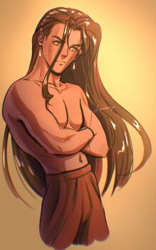 1boy absurdres aged_down brown_hair brown_pants closed_mouth collarbone commentary crossed_arms earrings english_commentary grahf highres jewelry khan_wong linnaealyn long_hair male_focus mature_male monolith_soft navel pants pectorals smile solo spoilers standing very_long_hair xeno_(series) xenogears yellow_background yellow_eyes