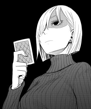 Rule 34 | 1girl, absurdres, bob cut, card, ear piercing, endou tatsuya, fiona frost, hair over one eye, highres, holding, holding card, piercing, short hair, spy x family, sweater, turtleneck, turtleneck sweater