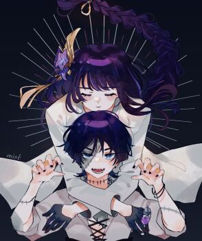 1boy 1girl alternate_costume arms_up artist_name black_gloves black_nails blue_eyes blunt_bangs bracelet braid closed_eyes closed_mouth coat commentary cosplay english_commentary fan_hair_ornament fangs floating floating_hair flower flower_ornament frankenstein&#039;s_monster frankenstein&#039;s_monster_(cosplay) genshin_impact gloves hair_between_eyes hair_floating_upwards hair_ornament hair_ribbon halloween highres holding hug hug_from_behind jewelry lab_coat leaning_forward light_blush light_smile long_hair long_ribbon long_sleeves looking_at_viewer m15t34 mother_and_son multicolored_hair needle open_mouth purple_flower purple_hair raiden_shogun ribbon scaramouche_(genshin_impact) shade shadow short_hair single_braid standing stitched_arm stitched_face stitched_neck stitches streaked_hair upper_body wanderer_(genshin_impact) white_coat