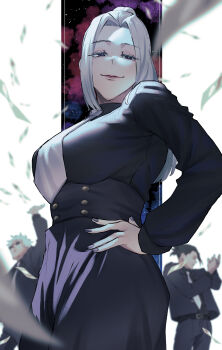 Rule 34 | 1girl, 2boys, banknote, belt, belt buckle, black dress, black hair, black jacket, black pants, breasts, buckle, buttons, commentary request, dollar bill, double-breasted, dress, formal clothes, geto suguru, gojo satoru, hair bun, highres, jacket, jujutsu kaisen, large breasts, long hair, looking at viewer, medium hair, mei mei (jujutsu kaisen), money, multiple boys, necktie, pants, parted bangs, pink lips, ponytail, short hair, suit, suit jacket, suit pants, user atst4853, white hair, white necktie