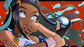 1girl armlet black_hair blue_eyes blue_eyeshadow blue_hair breasts crop_top dark-skinned_female dark_skin dive_ball dynamax_band earrings eyeshadow hair_bun hand_on_own_face highres holding holding_poke_ball hoop_earrings jewelry makeup multicolored_hair nessa_(pokemon) nintendo poke_ball pokemon pokemon_swsh shiba_(tonari_no_shiba_inu) shoulder_tattoo single_hair_bun solo sports_bra tattoo two-tone_hair upper_body