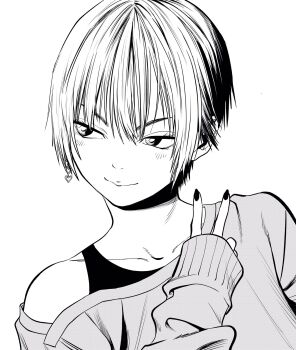 1girl collarbone commentary_request earrings eyebrows_hidden_by_hair greyscale heart heart_earrings highres jewelry leaning_to_the_side lee_(dragon_garou) looking_to_the_side monochrome nail_polish off_shoulder original portrait short_hair single_earring sleeves_past_wrists smile solo sweater tank_top v-shaped_eyebrows