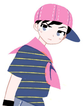 Rule 34 | 1boy, baseball cap, blush, commentary request, from side, hat, jitome, looking at viewer, male focus, mother (series), mother 1, ninten, nintendo, pac-man eyes, red hat, shirt, short hair, sideways hat, simple background, striped clothes, striped shirt, sweatdrop, tanba (tanba-art), unamused, upper body