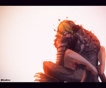 1boy 1girl artist_name back bang_dacy bare_legs blonde_hair blush claws closed_eyes elden_ring fromsoftware heart hetero interspecies leg_lock letterboxed roderika_(elden_ring) sex simple_background smithing_master_hewg straddling thighs trembling twitter_username upright_straddle