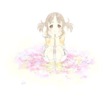 1girl archived_source arms_on_knees blue_dress blue_overalls blush brown_eyes brown_hair child chitose closed_mouth clothes_down commentary dated_commentary denim_overalls dress field flower flower_field frown full_body hair_tie head_rest looking_at_viewer nostrils orange_shirt orange_sleeves original overalls painting_(medium) pale_color parted_bangs shirt shoes short_twintails signature sitting solo tanaka_kunihiko traditional_media twintails velcro_footwear watercolor_(medium) white_background yellow_shoes