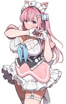 1girl aburisamon ahoge animal_ears badge blue_bow blue_ribbon blush bow braid breasts button_badge cat_ears cat_girl cat_hair_ornament cleavage closed_mouth commentary dress extra_ears garter_straps ghost_hair_ornament gloves hair_bow hair_intakes hair_ornament hairclip heart heart_hands heart_print highres huge_breasts indie_virtual_youtuber long_hair looking_at_viewer maid maid_headdress neck_ribbon pink_dress pink_eyes pink_hair ribbon short_sleeves simple_background single_garter_strap single_thighhigh smile solo star_(symbol) star_hair_ornament thighhighs thighs two_side_up virtual_youtuber white_background white_dress white_garter_straps white_gloves white_thighhighs yuuki_sakuna yuuki_sakuna_(3rd_costume)