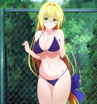 10s 1girl anime_screenshot bikini blonde_hair blush breasts chain-link_fence cleavage embarrassed female_focus fence glasses green_eyes highres large_breasts long_hair low-tied_long_hair navel panties purple_panties reference_work solo string_bikini swimsuit tearju_lunatique thigh_gap to_love-ru to_love-ru_darkness underwear very_long_hair