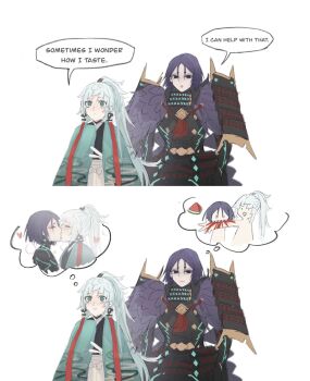 2girls aqua_haori armor biting blood blush earrings english_text fate/grand_order fate/samurai_remnant fate_(series) hakama haori highres imagining japanese_armor japanese_clothes jewelry kimono kishimen_hair kiss long_hair mroaridnryed_alter multiple_girls neon_trim parted_bangs ponytail purple_hair short_hair shoulder_armor simple_background sode speech_bubble thought_bubble ushi_gozen_(fate) ushi_gozen_(rider)_(fate) white_background white_hair white_hakama yui_shousetsu_(fate) yui_shousetsu_(second_ascension)_(fate) yuri