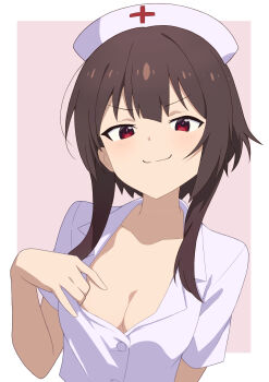 1girl absurdres alternate_costume border breasts brown_hair cleavage commentary cross dress hat highres kono_subarashii_sekai_ni_shukufuku_wo! loli looking_at_viewer megumin nurse nurse_cap pulling_own_clothes red_cross red_eyes ryo4423 short_hair simple_background small_breasts smile solo white_background white_border white_dress white_hat