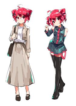 Rule 34 | absurdres, ahoge, alternate costume, arm at side, arm behind back, bag, bare shoulders, black boots, black shoes, black sleeves, black thighhighs, boots, breast pocket, brown jacket, buttons, collared shirt, dark skin, detached sleeves, dual persona, full body, glasses, hair between eyes, hand up, headphones, highres, jacket, kasane teto, kasane teto (utau), long skirt, looking at viewer, mary janes, miniskirt, mp777b, number tattoo, pocket, red eyes, red hair, red tattoo, shirt, shoes, shoulder bag, shoulder tattoo, skirt, skirt set, sleeveless, sleeveless shirt, smile, standing, tattoo, thigh boots, thighhighs, utau, white shirt, wing collar