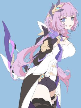 1girl arm_behind_back black_gloves black_shorts blue_background blue_eyes bow_(weapon) breasts cape chinese_commentary cleavage commentary corset cowboy_shot elf elysia_(honkai_impact) elysia_(miss_pink_elf)_(honkai_impact) from_side gloves hair_ornament highres holding holding_bow_(weapon) holding_weapon honkai_(series) honkai_impact_3rd large_breasts pink_hair pointy_ears short_shorts shorts solo thighs weapon white_corset yorumata0v0