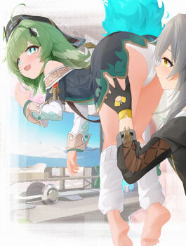 2girls ahoge animal_ears ass bare_shoulders barefoot bent_over black_gloves black_jacket blue_fire computer fiery_tail fire flag fox_ears fox_girl ghost_tail gloves green_eyes green_hair grey_hair hair_ornament hand_on_another's_thigh hat headphones highres honkai:_star_rail honkai_(series) huohuo_(honkai:_star_rail) jacket leg_warmers long_hair long_sleeves medium_hair monitor multiple_girls open_mouth paid_reward_available panties paw-shaped_pupils smelling smelling_pussy stelle_(honkai:_star_rail) symbol-shaped_pupils tail trailblazer_(honkai:_star_rail) underwear upskirt white_leg_warmers white_panties wood_cube yellow_eyes yellow_trim yin_yang yin_yang_hair_ornament yuri