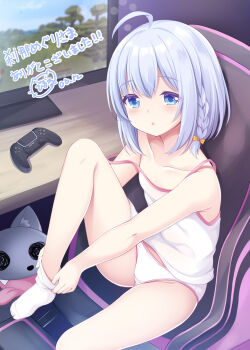 1girl :o ahoge bare_arms bare_legs bare_shoulders blue_eyes bow braid breasts camisole chair collarbone commentary controller female_focus foot_out_of_frame game_controller grey_hair hair_between_eyes hair_bow highres knee_up legs loli looking_at_viewer monitor no_shoes office_chair on_chair original panties parted_lips sakuraba_hikaru_(loveindog) small_breasts sock_pull socks solo strap_slip swivel_chair translation_request underwear underwear_only white_camisole white_panties white_socks yellow_bow