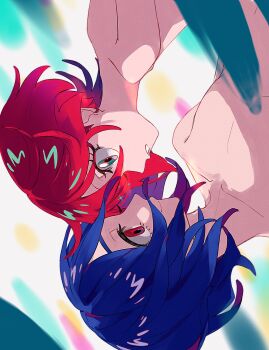 1boy 1girl absurdres amate_yuzuriha aqua_eyes blue_hair colored_inner_hair face-to-face gundam gundam_gquuuuuux highres looking_at_another multicolored_hair nude open_mouth purple_hair red_eyes red_hair scene_reference short_hair shuji_ito smile two-tone_hair upside-down ymmmkome