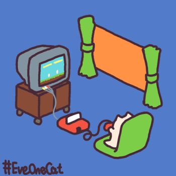 :3 animal_focus animated animated_gif blue_background cat commentary controller crt curtains english_commentary everydayonecat fighting_game futon game_console game_controller hashtag health_bar holding holding_controller looping_animation no_humans original simple_background sitting sleeping under_covers white_cat