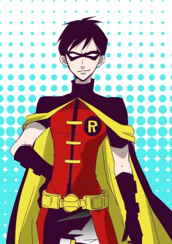 1boy batman_(series) belt black_hair cape dc_comics dick_grayson domino_mask eye_mask gloves hand_on_own_hip male_focus mask red_shirt robin_(dc) shirt short_sleeves solo young_justice:_invasion