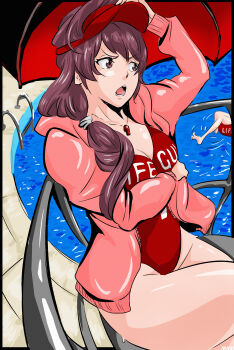 Rule 34 | 2girls, absurdres, bambietta basterbine, bleach, breasts, female focus, highres, lifeguard, looking to the side, maxi, multiple girls, one-piece swimsuit, ponytail, sitting, swimsuit, water