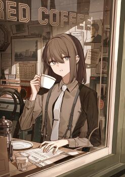 1girl absurdres analog_clock blue_eyes bottle brown_hair brown_shirt cafe calendar_(object) clock coffee_pot collared_shirt commentary_request cup ear_piercing english_text hair_between_eyes hair_intakes hand_on_table hand_up highres holding holding_cup indoors light_particles long_sleeves looking_to_the_side medium_hair necktie newspaper original parted_lips photo_(object) piercing plate poster_(object) radio shirt sidelocks sitting solo sunlight suspenders table tamitami teacup tie_clip white_necktie window wing_collar