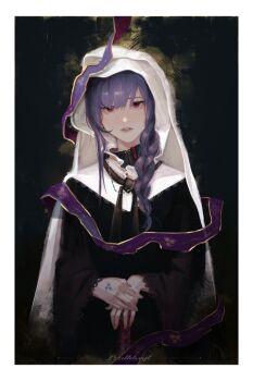 1girl alternate_costume alternate_universe artist_name artist_request black_robe blunt_bangs braid christianity genshin_impact hair_over_shoulder hand_tattoo head_tilt jewelry katana layered_clothes long_hair long_sleeves looking_at_viewer loose_necktie mitsudomoe_(shape) mole mole_under_eye necklace necktie nun own_hands_together parted_lips pink_lips purple_eyes purple_hair purple_ribbon raiden_shogun ribbon robe signature single_braid solo standing sword tattoo tomoe_(symbol) traditional_nun upper_body veil weapon white_veil wide_sleeves