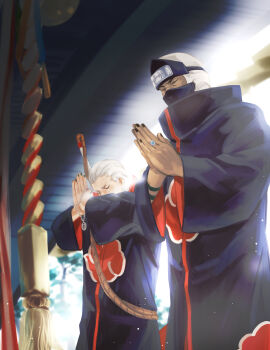 2boys absurdres akatsuki_uniform black_nails blue_sky closed_eyes forehead_protector hidan_(naruto) highres jewelry kakuzu_(naruto) long_sleeves male_focus mask mouth_mask multiple_boys nail_polish naruto_(series) naruto_shippuuden necklace ninja ninja_mask praying ring scythe shrine sky tattoo weapon weapon_on_back yi_(199702090505)