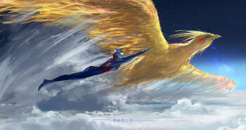 1boy 1girl 1other above_clouds absurdres alien animal bird blue_skin cloud color_timer colored_skin commentary compound_eyes dorsal_fin english_commentary flying from_side full_body glowing glowing_eyes grey_skin highres manhuajiazhishen multicolored_skin nebula night oversized_animal red_skin signature size_difference sky star_(sky) tokusatsu ultra_series ultraman_tiga ultraman_tiga_(multi_type) ultraman_tiga_(series) white_eyes yellow_bird