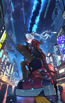 1girl absurdres ahoge black_hair black_pantyhose building cable city city_lights cloud floating_hair from_below from_side hair_ornament heart heart_hair_ornament highres jacket lacrimosa_(nte) legs_apart long_hair looking_at_viewer looking_down multicolored_hair neverness_to_everness night pantyhose pink_streaks pleated_skirt red_eyes red_hood red_jacket red_shoes road ryeon_(naturesan) shirt shoes shooting_star sitting skirt sky solo split-color_hair star_(sky) starry_sky streaked_hair twintails white_hair window x_hair_ornament