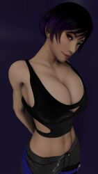 1girl 3d animated areola_slip arms_behind_back blender_(medium) bouncing_breasts breasts bursting_breasts cleavage highres large_breasts legs looking_at_viewer midriff navel pants reina_(tekken) seductive_gaze seductive_smile smile solo supurattabrain tagme tank_top teasing tekken thighs toned video