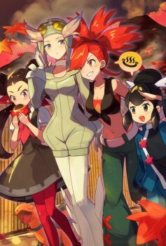 4girls bare_shoulders belt black_hair black_shirt blue_eyes blush breasts brown_eyes brown_hair cleavage closed_mouth collarbone crop_top cropped_shirt denim dress eating flannery_(pokemon) food gen_3_pokemon gloves goggles grey_dress hair_bun hair_ornament hair_pulled_back hair_ribbon hair_tie helmet highres holding hsin jacket jeans large_breasts lavaridge_town leaf liza_(pokemon) long_hair long_sleeves medium_breasts midriff multiple_girls navel nintendo onsen open_mouth outdoors pants pantyhose pastry pink_pantyhose pokemon pokemon_(creature) pokemon_oras ponytail purple_eyes purple_hair red_eyes red_hair ribbon roxanne_(pokemon) shirt short_hair short_sleeves smile split_ponytail teeth tied_shirt torkoal twintails white_belt white_shirt wide_ponytail winona_(pokemon)