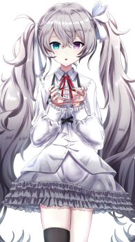 Rule 34 | 1girl, 25-ji miku, aqua eyes, aqua nails, black thighhighs, collared shirt, dress, hair between eyes, hair ornament, hair ribbon, hatsune miku, heterochromia, highres, itogari, long hair, long sleeves, looking at viewer, open mouth, pink eyes, project sekai, red ribbon, ribbon, shirt, simple background, single thighhigh, solo, thighhighs, twintails, very long hair, vocaloid, white background, white dress, white ribbon, white shirt