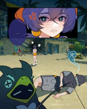 1girl 2boys anger_vein angry bakuuhatsu bangboo_(zenless_zone_zero) beach belle_(summer_skies)_(zenless_zone_zero) belle_(zenless_zone_zero) bikini_bottom_under_shorts bikini_top_under_shirt bikini_under_clothes brother_and_sister bucket_hat fish_hat fishing fishing_line fishing_rod hat highres holding holding_fishing_rod multiple_boys off-shoulder_shirt off_shoulder official_alternate_costume orange_shorts orange_tube_top penguinboo_(zenless_zone_zero) see-through_clothes see-through_shirt shaded_face shirt shorts siblings speech_bubble strapless tube_top wise_(peaceful_waves)_(zenless_zone_zero) wise_(zenless_zone_zero) zenless_zone_zero