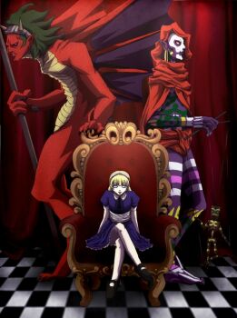 1girl 2boys alice_(megami_tensei) armchair belial_(megami_tensei) black_shoes blonde_hair blue_dress blue_eyes blunt_bangs chair checkered_floor cloak colored_skin control_bar curtains demon_(megami_tensei) demon_wings dress frown full-body_tattoo green_hair hairband height_difference holding holding_polearm holding_weapon hood hood_up hooded_cloak horns long_hair looking_at_viewer looking_to_the_side mary_janes medium_hair multicolored_skin multiple_boys nebiros_(megami_tensei) on_chair open_mouth pointy_ears polearm profile puffy_sleeves puppet puppet_strings red_cloak red_skin sash shin_megami_tensei shin_megami_tensei_i shoes sitting smile standing tail tattoo tsubaki_pbwfa waist_sash weapon white_sash wings