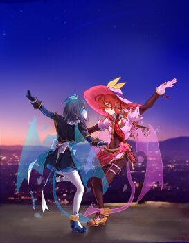 Rule 34 | 2girls, blue hair, cityscape, dancing, dawn, demon girl, demon tail, demon wings, duel monster, evil twin ki-sikil, evil twin lil-la, eye contact, gloves, hat, highres, ki-sikil (yu-gi-oh!), la la land, lil-la (yu-gi-oh!), long hair, looking at another, medium hair, mountainous horizon, multiple girls, outdoors, parody, red hair, shoes, sun hat, sunglasses, tail, twilight, wings, winter snow, yu-gi-oh!, yuri
