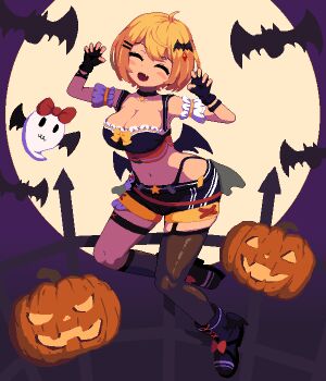 1girl ahoge asymmetrical_legwear bat_(animal) bat_hair_ornament bat_wings black_boots black_bustier black_gloves black_shorts black_socks black_thighhighs blonde_hair blush_stickers boots breasts bustier claw_pose cleavage closed_eyes commentary cross-laced_bustier cross-laced_clothes detached_sleeves fang fingerless_gloves floating frilled_bustier frills full_body garter_straps gloves hair_ornament hairclip halloween highleg highleg_panties hololive jack-o&#039;-lantern kneehighs lace-up_boots low_wings medium_breasts mini_wings obake-chan_(yozora_mel) official_alternate_costume overskirt panties panty_straps parallel_hairclips pixel_art rioku short_hair short_sleeves shorts single_garter_strap single_kneehigh single_sock single_thighhigh skin_fang sleeve_garter socks solo swept_bangs symbol-only_commentary thigh_strap thighhighs underwear uneven_legwear virtual_youtuber white_sleeves winged_boots wings yozora_mel yozora_mel_(2nd_costume)