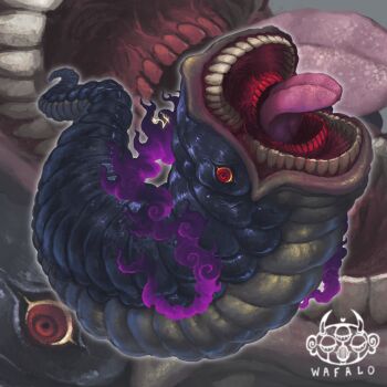 1boy absurdres alternate_form artist_logo colored_sclera hagoromo highres jaws jupiter_symbol logo looking_at_viewer male_focus monster one_piece open_mouth red_eyes shawl shepherd_ju_peter solo teeth tongue tongue_out wafalo worm zoom_layer