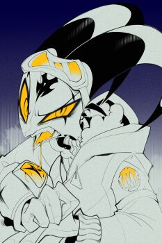 1boy absurdres blitzo_(helluva_boss) colored_sclera demon_boy demon_horns diamond_(gemstone) fangs goggles goggles_on_head hellaverse helluva_boss highres hood hooded_jacket horns jacket looking_at_viewer saliva slit_pupils solo spot_color yellow_eyes yellow_sclera zhu_xing_pupupu