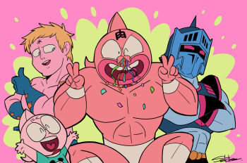 Rule 34 | 4boys, alexandria meat, anniversary, armor, artist request, black hair, blonde hair, blue gloves, gloves, grin, happy, helmet, kinniku suguru, kinnikuman, kinnikuman (character), large pectorals, looking at viewer, looking to the side, manly, multiple boys, one eye closed, open mouth, pectorals, red eyes, robin mask, short hair, smile, standing, terryman, v, very short hair, wink, wrestling, wrestling mask, wrestling outfit