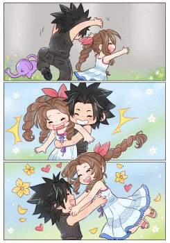 1boy 1girl aerith_gainsborough arms_up baggy_pants bare_shoulders black_hair blue_dress blush boots braid braided_ponytail brown_hair chibi closed_eyes commentary couple crisis_core:_final_fantasy_vii crylin6 dress drill_hair drill_sidelocks emphasis_lines fang final_fantasy final_fantasy_vii flower grin hair_ribbon heart highres holding holding_watering_can hug hug_from_behind lifting_person long_hair looking_at_another motion_lines open_mouth pants parted_bangs pink_ribbon ribbed_sweater ribbon sandals sequential short_hair sidelocks sleeveless sleeveless_turtleneck smile sparkle spiked_hair squatting standing sweater symbol-only_commentary turtleneck turtleneck_sweater watering_can white_flower yellow_flower zack_fair