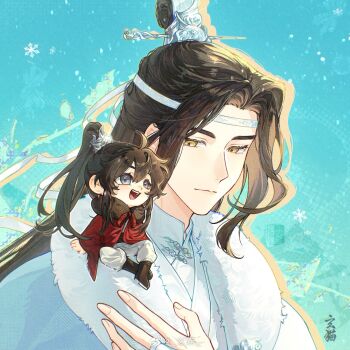 Rule 34 | 2boys, ahoge, artist name, black boots, black hair, black hanfu, boots, brown hair, chibi, chinese clothes, chinese commentary, cloak, closed mouth, commentary request, couple, fur-trimmed cloak, fur trim, grey eyes, hanfu, headband, highres, lan wangji, long hair, long sleeves, looking at another, male focus, mini person, mini person on shoulder, miniboy, modao zushi, multiple boys, open mouth, pankou, pants, ponytail, red cloak, robe, sidelocks, smile, snow, snowflakes, snowing, topknot, upper body, watermark, wei wuxian, weibo watermark, white cloak, white hanfu, white headband, white pants, winter clothes, xiao guan (headdress), xuan mao, yaoi, yellow eyes