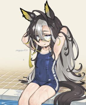 1girl aged_down animal_ears armpits arms_up artist_name blue_one-piece_swimsuit breasts brown_hair closed_mouth competition_school_swimsuit covered_erect_nipples dream_journey_(umamusume) glasses highres horse_ears horse_girl horse_tail loli multicolored_eyes multicolored_hair one-piece_swimsuit poolside school_swimsuit sitting small_breasts smile snugglepuff28 solo swimsuit tail two-tone_hair umamusume wet