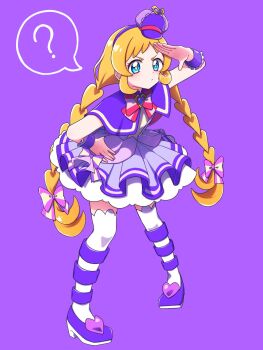 Rule 34 | 1girl, ?, arm up, blonde hair, blue eyes, blush, bow, braid, bright pupils, brooch, capelet, chest bow, closed mouth, commentary, cure friendy, dot nose, dress, dress bow, frilled wrist cuffs, frills, full body, furrowed brow, hairband, hand on own hip, hat, hat ornament, heart, heart brooch, heart hat ornament, highres, inukai iroha, jewelry, layered dress, long hair, looking at viewer, low-tied long hair, low twin braids, magical girl, mini hat, multicolored bow, pact holder, petticoat, pigeon-toed, pink bow, pouch, precure, purple background, purple capelet, purple dress, purple hairband, purple hat, purple shoes, purple theme, purple wrist cuffs, shoes, short dress, sleeveless, sleeveless dress, solo, speech bubble, spoken question mark, standing, striped bow, thighhighs, tilted headwear, twin braids, twitter username, very long hair, white thighhighs, wonderful pact, wonderful precure!, wrist cuffs, yellow pupils, yunapi79, zettai ryouiki