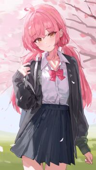 Rule 34 | 1girl, absurdres, ahoge, arm at side, black skirt, bow, bowtie, cardigan, closed mouth, collared shirt, commentary request, day, falling petals, grey cardigan, hand up, head tilt, highres, long hair, looking at viewer, low twintails, miniskirt, open cardigan, open clothes, original, outdoors, petals, pink bow, pink bowtie, pink hair, pleated skirt, school uniform, shirt, shirt tucked in, skirt, smile, solo, standing, tay (cdjk7758), twintails, white shirt, yellow eyes