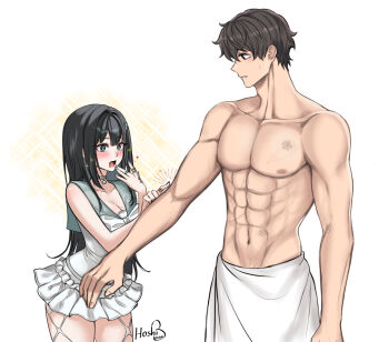 1boy 1girl black_hair breasts brown_hair cleavage commander_(nikke) cowboy_shot drooling goddess_of_victory:_nikke hair_ornament height_difference highres hoshiberuu long_hair mint_(fresh_mint)_(nikke) mint_(nikke) muscular muscular_male official_alternate_costume open_mouth poking scar short_hair skirt sleeveless towel towel_around_waist twitter_username white_background