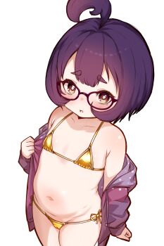 1girl absurdres ahoge belly bikini blush brown_eyes cameltoe collarbone cropped_legs crying crying_with_eyes_open female_focus frown glasses gold_bikini golden_week highres hood hoodie jacket kani_(rhymeruru) loli long_sleeves looking_at_another medium_hair micro_bikini navel off_shoulder open_clothes open_hoodie open_jacket open_mouth original plump purple_hair purple_jacket rhymeruru rhymethekani side-tie_bikini_bottom simple_background solo standing stomach swimsuit tearing_up tears thighs white_background