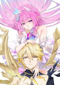 1boy 1girl absurdres bare_shoulders blonde_hair breasts commentary_request cracked_skin cyrene_(honkai:_star_rail) cyrene_(ripples_of_past_reverie)_(honkai:_star_rail) diamond-shaped_pupils diamond_(shape) dress flower gold_blood hair_flower hair_ornament hand_in_another&#039;s_hair highres honkai:_star_rail honkai_(series) long_hair looking_at_viewer medium_breasts multicolored_hair phainon_(honkai:_star_rail) phainon_(khaslana)_(honkai:_star_rail) pink_hair pointy_ears purple_eyes short_hair smile symbol-shaped_pupils two-tone_hair very_long_hair white_background white_dress white_hair yellow_eyes yonemasakouta