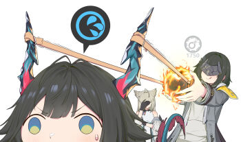 Rule 34 | 3girls, aiming, anglediana, arknights, arknights: endfield, black hair, blindfold mask, chen qianyu (arknights), chinese commentary, commentary request, dragon horns, dragon tail, eastern dragon horns, eastern dragon tail, endministrator (arknights), explosive, facepalm, grey hair, highres, horns, improvised weapon, licking lips, mask, multiple girls, perlica (arknights), slingshot (weapon), smile, spoken sweatdrop, sweatdrop, tail, tongue, tongue out, white background