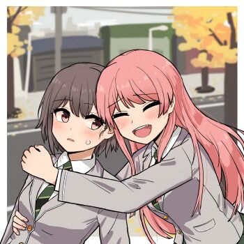 Rule 34 | 2girls, absurdres, bang dream!, bang dream! it's mygo!!!!!, breasts, chihaya anon, collared shirt, commentary request, day, fang, green necktie, grey hair, grey jacket, haneoka school uniform, highres, hug, hug from behind, jacket, jin (jinkwon1147), korean commentary, mixed-language commentary, multiple girls, necktie, open mouth, outdoors, parted lips, pink eyes, pink hair, school uniform, shirt, short hair, smile, sweatdrop, takamatsu tomori, tree, white shirt